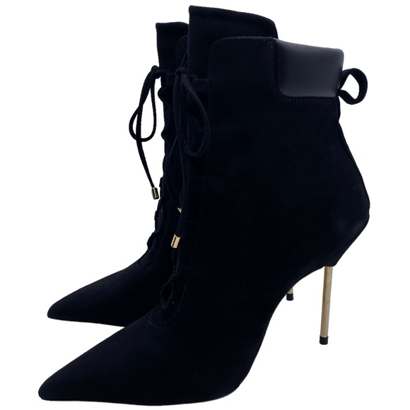 Good American Bootie Scandal Black Suede Leather Lace Up Heeled Ankle Size 7 - Picture 2 of 10